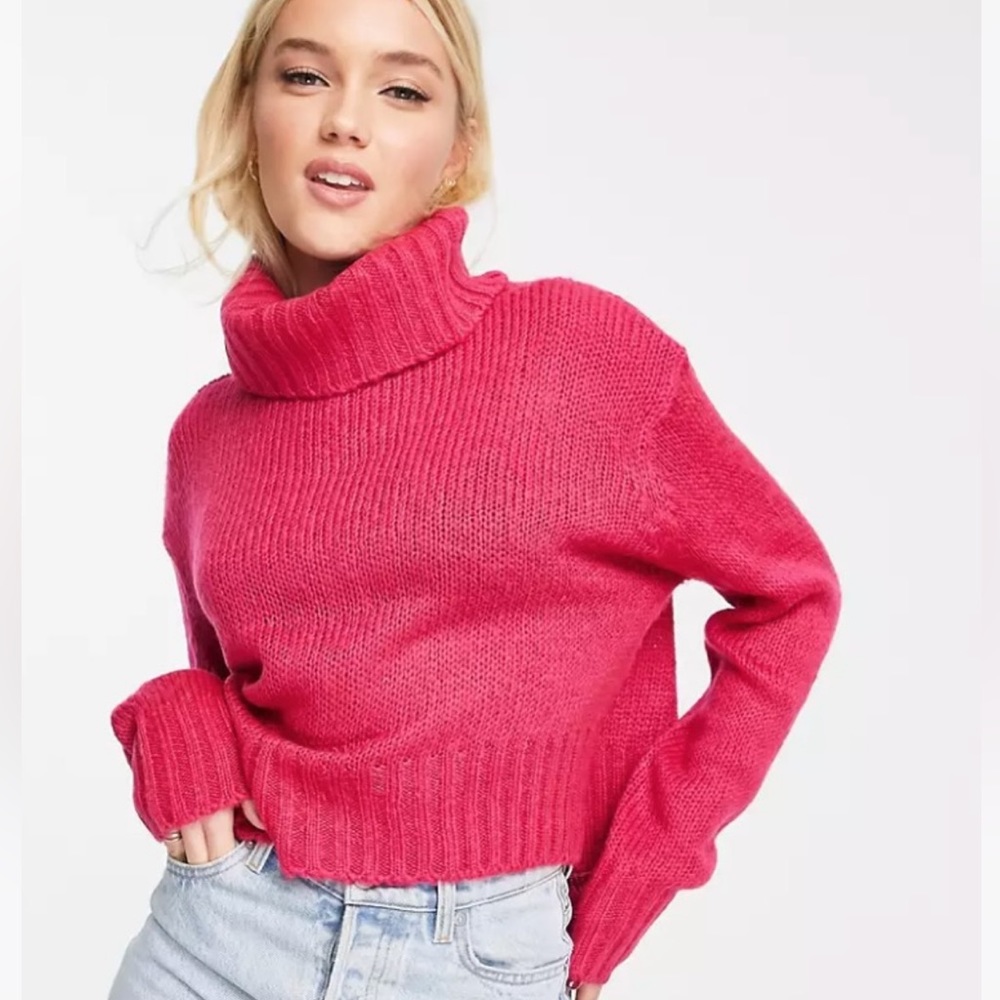 Hot Pink Cropped Turtle Neck Boxy Sweater